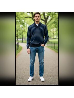 American Eagle Black Blue-striped Shawl collar sweater Size Large 100% Cotton